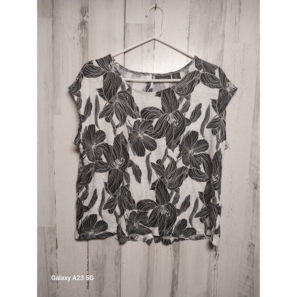 Tahari Women's XL 100% Linen Black White Floral Top